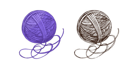 Hand drawn vintage sketch of yarn ball with loose thread in purple and monochrome version, isolated vector illustration