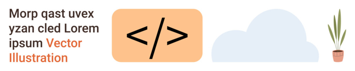 Technology, coding frameworks, web development, minimalism, productivity, creative workspace. Code symbol enclosed in angled brackets, a cloud shape and a potted plant. Technology and coding