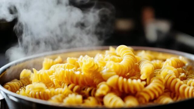 A pan of steaming fusilli pasta.