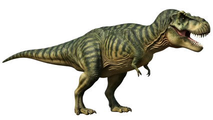Isolated Tyrannosaurus Rex dinosaur with striped green skin, a powerful and ancient predator © Maria