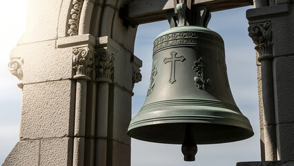 Obraz premium Church bell hanging in stone arch with cross symbol against sky 