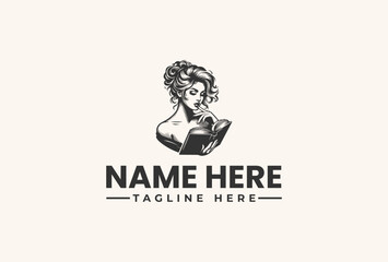 A black and white vector illustration of a woman's head with curly hair holding a book, with placeholder text 'NAME HERE' and 'TAGLINE HERE' on a plain beige background.