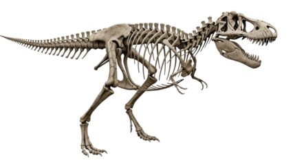 Isolated Tyrannosaurus Rex skeleton. Fossilized dinosaur with a ferocious predator's skull