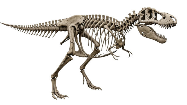 Isolated Tyrannosaurus Rex skeleton. Fossilized dinosaur with a ferocious predator's skull