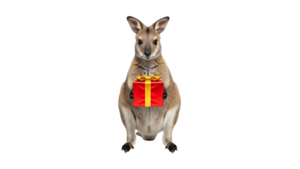 Kangaroo holding red gift box with yellow ribbon present