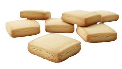 Isolated shortbread cookies, golden butter squares with a crumbly, rich texture stacked up
