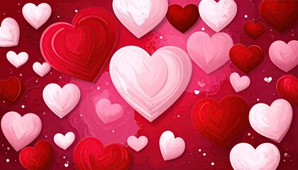 Abstract romantic background with many textured hearts in shades of red and pink.