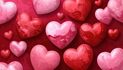 Artistic arrangement of glossy textured hearts in vibrant pink and red hues.
