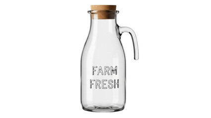 Isolated glass milk bottle with handle and cork lid, container with farm fresh words