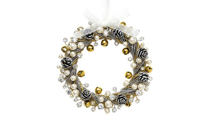Ornate Christmas Wreath with Pearls Pinecones and Bells