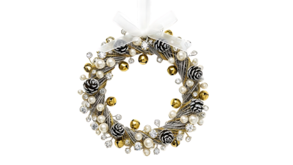 Ornate Christmas Wreath with Pearls Pinecones and Bells