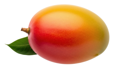 Isolated ripe Alphonso mango with stem and leaf, a vibrant fruit, healthy eating concept
