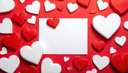 Romantic red and white heart shapes arranged around a blank card for Valentines Day messages.