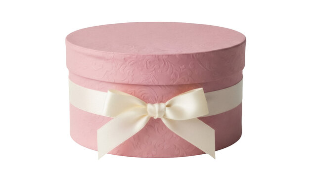 Isolated pink hat box with ribbon bow for flowers, luxury round gift, delivery service