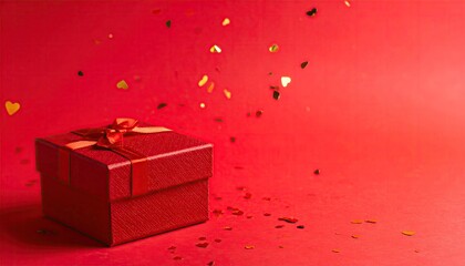 Elegant Red Gift Box with Sparkling Heart Confetti Celebration.