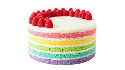 Isolated layer cake with rainbow sponge, topped with frosting and ripe fresh raspberries