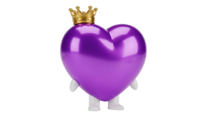 Isolated purple heart character with crown, cheerful party decoration for valentine and love celebration