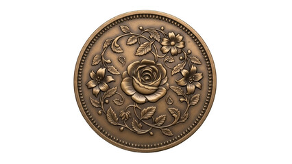 Isolated medallion with rose and flowers, embossed round with floral ornament on coin or token