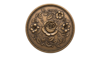 Isolated medallion with rose and flowers, embossed round with floral ornament on coin or token