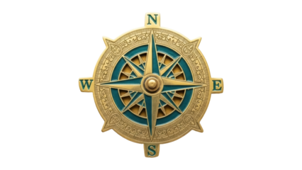 Isolated nautical windrose compass symbol antique gold detailed decorative direction marker