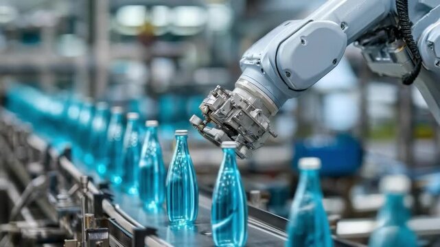 Robotic arm handling blue glass bottles on an automated bottling line.