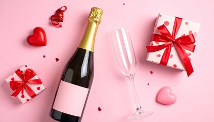 Champagne bottle and gifts with red hearts for a romantic celebration.