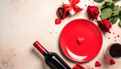Romantic Valentines Day dinner setting with red roses wine chocolates and gift.