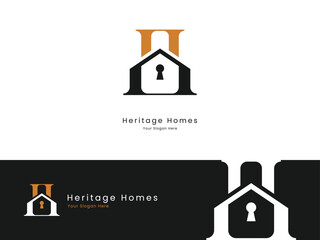 letter h real estate logo with keyhole silhouette, home security and property branding design