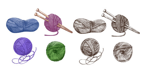 Hand drawn vintage seamless pattern of colorful and monochrome yarn balls and knitting needles, sketch style