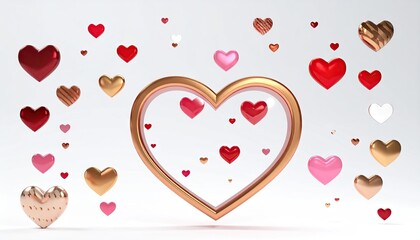 Golden heart frame surrounded by a multitude of floating colorful hearts for love and celebration.