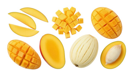 Isolated assortment of sliced and diced mango fruit on a bright studio surface, ready to eat