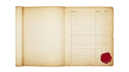 Isolated Blank parchment scroll with red wax seal for document authenticity & privacy