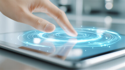 Close-up of a hand tapping a tablet with glowing holographic HUD circles, symbolizing digital innovation, fintech dashboards, and futuristic touchscreen interaction with copy space.