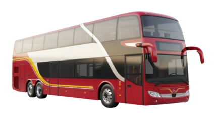 Isolated red double-decker tourist bus for long distance travel, passenger transport vehicle