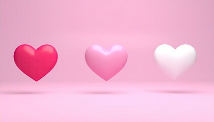Three floating heart shapes in vibrant pink and white colors on a soft pink background.