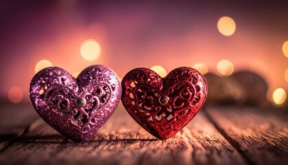 Two decorative heart ornaments on a rustic wooden surface with warm bokeh lights.