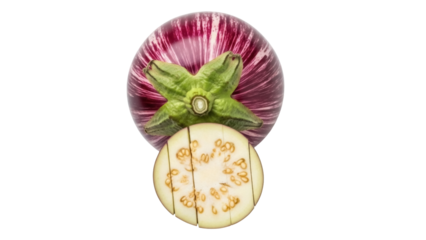 Isolated heirloom eggplant with purple stripes and round slice shows seeds, a fresh vegetable