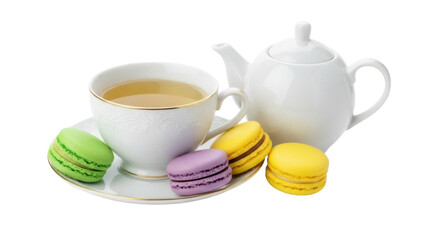 Isolated sweet macarons and tea set ready for afternoon tea, perfect for a party dessert