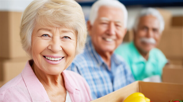 Happy group of senior friends standing with cardboard boxes and fresh fruit, symbolizing community support, volunteering, moving day, or donation service in a warm indoor setting with copy space. - Powered by Adobe