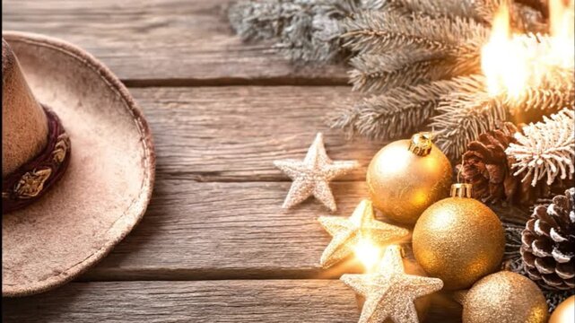A rustic holiday setting is captured from a top-down perspective, showcasing a unique blend of festive and western elements on weathered wooden planks. A soft, light-colored hat with an ornate band si
