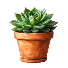 A lush, green succulent plant in an aged, terracotta pot