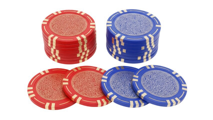 Isolated view of red and blue casino chips stacked together on a seamless surface