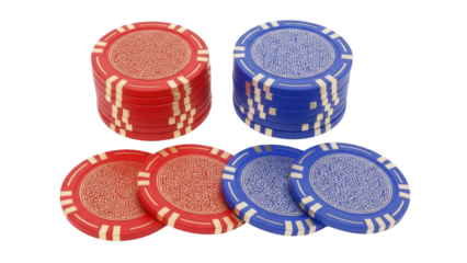 Isolated view of red and blue casino chips stacked together on a seamless surface