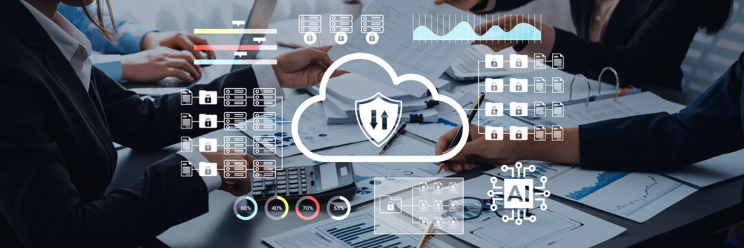 A dynamic business setting showcasing cloud computing and data security concepts. Features analytics, AI technology, and collaboration among professionals for innovative solutions. Gantry - Powered by Adobe