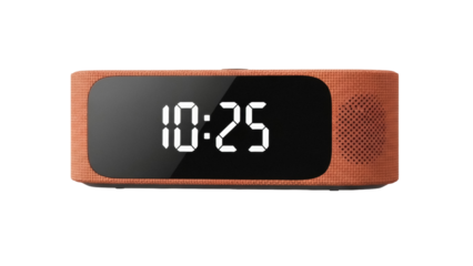 Isolated digital alarm clock displaying ten twenty five, indicating accurate time keeping device