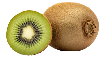 Obraz premium Isolated kiwi fruit half with fuzzy whole fruit, raw vitamin C healthy food close-up