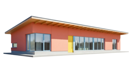 Isolated Modern Building with Flat Roof and Windows against Clear Backdrop, Architecture
