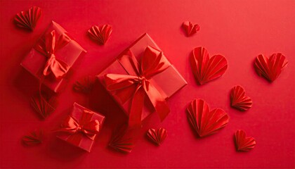 Romantic red gift boxes and heart decorations for Valentines Day celebration.