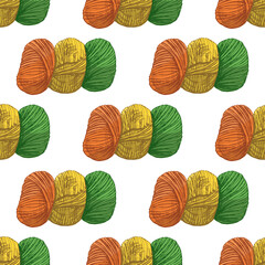 Hand drawn vintage seamless pattern of colorful skeins of yarn in orange, yellow and green, isolated illustration