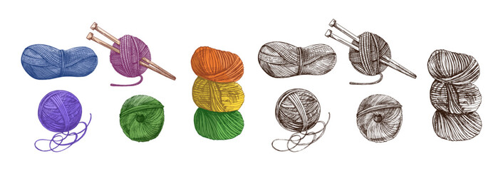 Hand drawn vintage sketch of colorful and monochrome yarn balls with knitting needles, isolated vector illustration